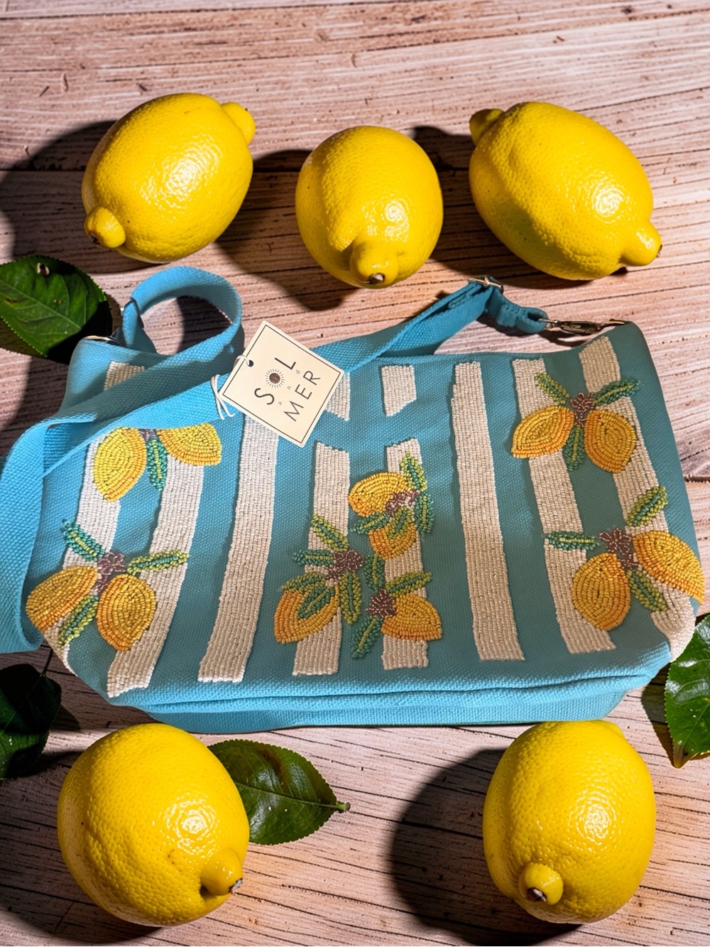 So Mer Blue Lemon-Embroidered Crossbody Bag